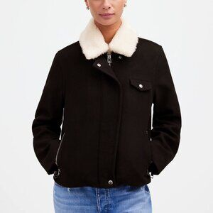 NWT Madewell Sherpa-Collar Asymmetric Zip-Front Jacket Black Large